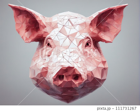 Pig head made of many small triangles with Generative AI. 111731267