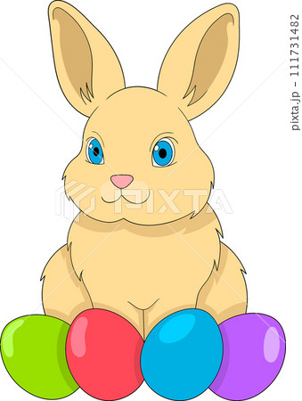 Cartoon doodle illustration of Easter celebration, rabbit with colorful eggs, Catholic Christian celebration Cartoon doodle illustration of Easter celebration, rabbit with colorful eggs, Catholic Christian celebration 111731482