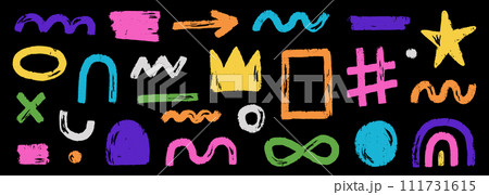 Abstract element shape set. Color graphic modern abstract sticker element. Doodle geometric collage star, crown, heart shape set. Hand drawn texture grunge brush modern effect. Vector Abstract element shape set. Color graphic modern abstract sticker element. Doodle geometric collage star, crown, heart shape set. Hand drawn texture grunge brush modern effect. Vector 111731615