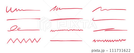 Pen underline line stroke, red marker scribble. Hand drawn mark, brush drawn curve, doodle sketch vector. Red pen text underline, handwritten doodle elements, lettering emphasis. Vector 111731622