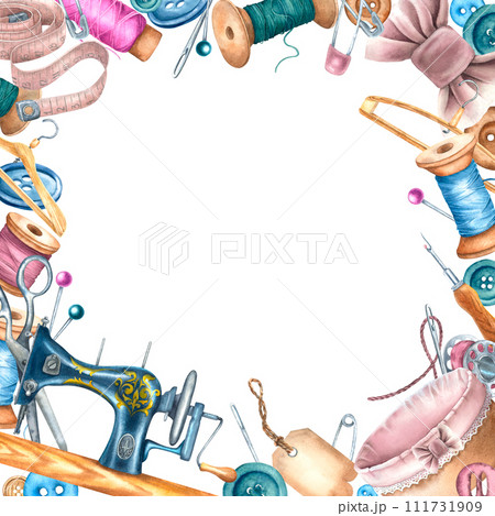 Square frame of sewing needles, threads, buttons, labels. Hand drawn watercolor illustration of colorful craft supplies on isolated background. Drawing of a template card with empty space for text. 111731909