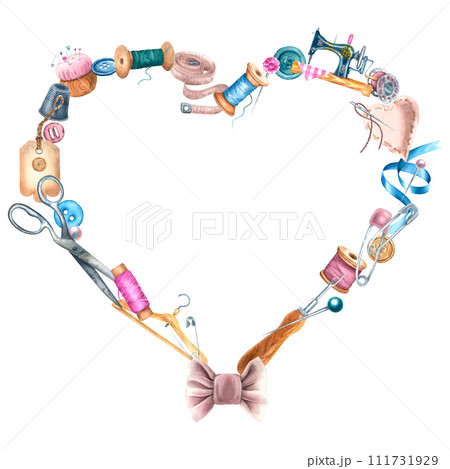 Heart shape Wreath with bow. Hand drawn watercolor illustration of frame with sewing accessories on isolated background. Art drawing of craft supplies for greeting cards, business cards or logo 111731929