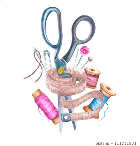 Iron scissors with spools of thread, measuring tape, needles, safety pin. Hand drawn watercolor illustration isolated on white background for icon or logo. Sewing tools in grey, pink and blue colors Iron scissors with spools of thread, measuring tape, needles, safety pin. Hand drawn watercolor illustration isolated on white background for icon or logo. Sewing tools in grey, pink and blue colors 111731931
