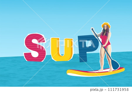 Composite collage image sketch summer activity concept. Woman sailing on a sup board on the sea with inscription SUP. creative illustration 111731958