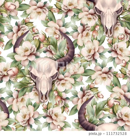 Seamless pattern with skull and leaves. Decoration floral motif wallpaper, wrapping, cards, halloween decor. 111732528
