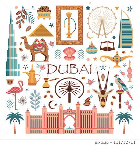 Dubai Travel Poster with UAE Landmarks and Symbols 111732711