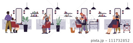 Barbers with male clients. Barbershop salon. Fashionable bearded men cut. Hairstylist shaving customer. Moustache and beard. Hairdresser making haircut. Hairstyles design. Garish vector set 111732852