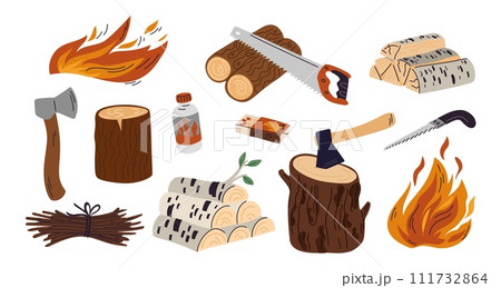 Campfire ignition elements. Wooden logs. Brushwood bundle. Lumber cutting tools. Firewood stacks. Axe and saw. Box matches. Fire flame burn. Natural timber. Tree stump. Garish vector set 111732864
