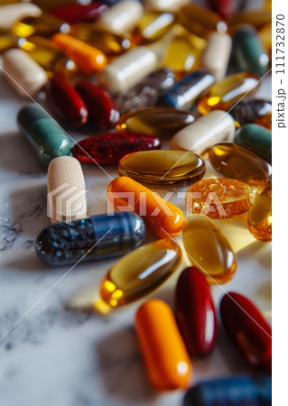 Close-up of vitamin capsules and dietary supplements. Including vitamin C, vitamin E, vitamin D3, salmon oil, fish oil and coenzyme Q10 capsules 111732870