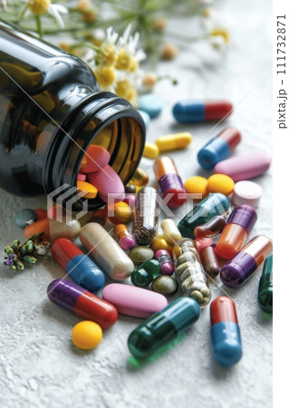 Close-up of vitamin capsules and dietary supplements. Including vitamin C, vitamin E, vitamin D3, salmon oil, fish oil and coenzyme Q10 capsules 111732871