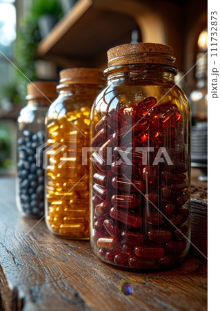 Close-up of vitamin capsules and dietary supplements. Including vitamin C, vitamin E, vitamin D3, salmon oil, fish oil and coenzyme Q10 capsules 111732873