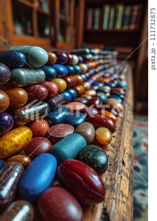 Close-up of vitamin capsules and dietary supplements. Including vitamin C, vitamin E, vitamin D3, salmon oil, fish oil and coenzyme Q10 capsules 111732875