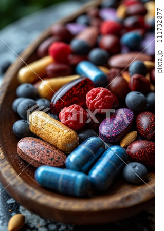 Close-up of vitamin capsules and dietary supplements. Including vitamin C, vitamin E, vitamin D3, salmon oil, fish oil and coenzyme Q10 capsules 111732877