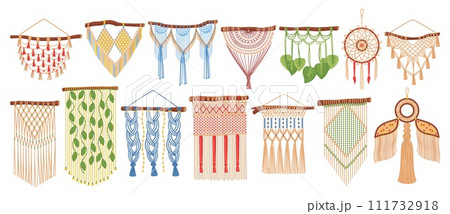 Macrame hanging on wall. Boho handmade knitted decor. Scandinavian home decorations. Cozy rustic interior. Knots and tassels made of textile strings. Dream catcher. Recent vector set 111732918