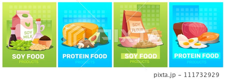 Soy products cards. Natural soybean food. Farm meat. Fresh fish and eggs. Organic legumes. Protein meals. Vegetarian nutrition. Diet milk and tofu cheese. Bean flour. Vector banners set Soy products cards. Natural soybean food. Farm meat. Fresh fish and eggs. Organic legumes. Protein meals. Vegetarian nutrition. Diet milk and tofu cheese. Bean flour. Vector banners set 111732929