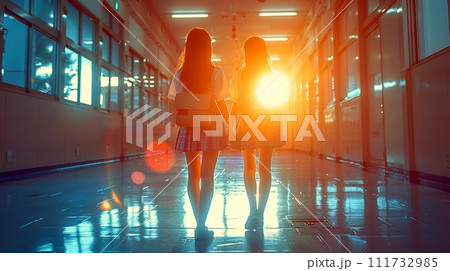 廊下を歩く女子中学生たち 111732985