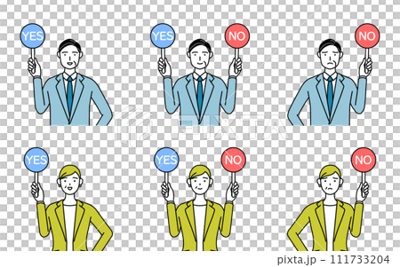 スーツ姿の男性と女性(中年、社長、上司)のシンプルな線画イラスト、試験の解答、正解と不正解のセット スーツ姿の男性と女性(中年、社長、上司)のシンプルな線画イラスト、試験の解答、正解と不正解のセット 111733204