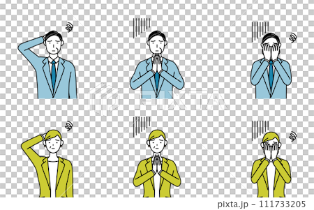 スーツ姿の男性と女性(中年、社長、上司)のシンプルな線画イラスト、困る表情とポーズのセット スーツ姿の男性と女性(中年、社長、上司)のシンプルな線画イラスト、困る表情とポーズのセット 111733205