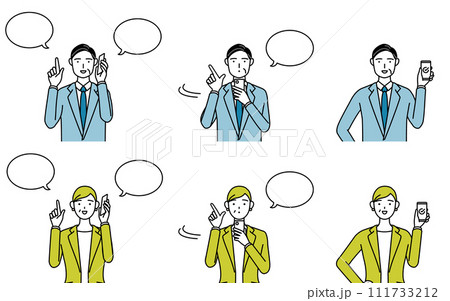 スーツ姿の男性と女性（中年、社長、上司）のシンプルな線画イラスト、スマホで仕事をするポーズセット 111733212