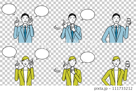 スーツ姿の男性と女性（中年、社長、上司）のシンプルな線画イラスト、スマホで仕事をするポーズセット 111733212