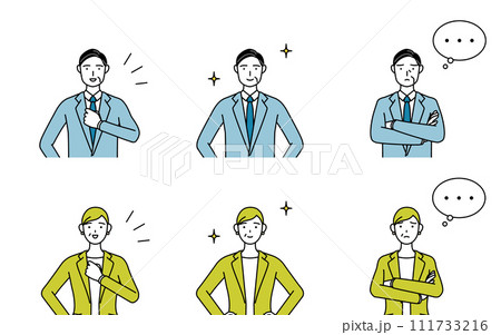 スーツ姿の男性と女性（中年、社長、上司）のシンプルな線画イラスト、手を組んで悩む姿と胸を叩いたり胸を 111733216