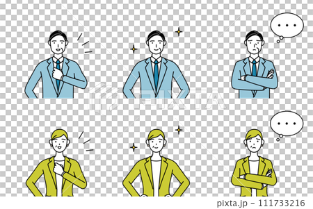 スーツ姿の男性と女性（中年、社長、上司）のシンプルな線画イラスト、手を組んで悩む姿と胸を叩いたり胸を 111733216