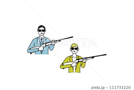 スーツ姿の男性と女性(中年、社長、上司)のシンプルな線画イラスト、サングラスをかけてライフル銃を持つ スーツ姿の男性と女性(中年、社長、上司)のシンプルな線画イラスト、サングラスをかけてライフル銃を持つ 111733220
