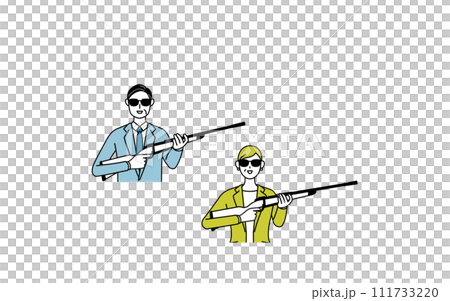 スーツ姿の男性と女性(中年、社長、上司)のシンプルな線画イラスト、サングラスをかけてライフル銃を持つ スーツ姿の男性と女性(中年、社長、上司)のシンプルな線画イラスト、サングラスをかけてライフル銃を持つ 111733220