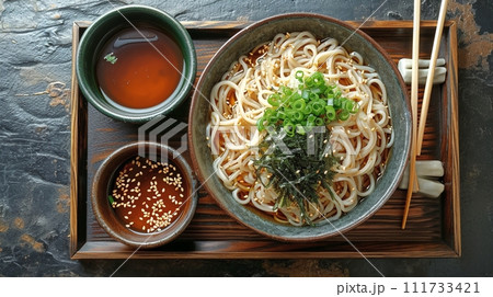 日本の伝統的なそば、うどんの定食 111733421