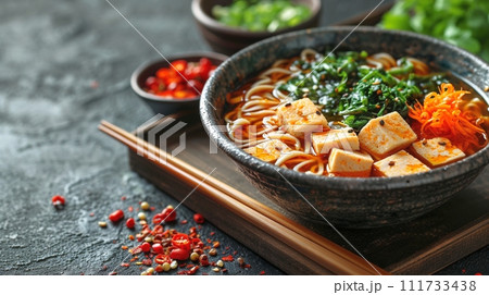 日本の伝統的なそば、うどんの定食 111733438