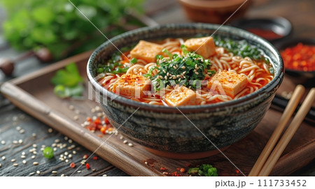 日本の伝統的なそば、うどんの定食 111733452