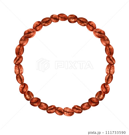 Round frame made of coffee beans. Aroma of Robusta and Arabica varieties. Illustration with watercolors and markers. Coffee day. Frame template for cafes and restaurants. Hand drawn isolated art. 111733590