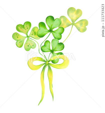 Bouquet of clover leaves with bow.Symbol of St. Patrick's Day.Watercolor and marker illustration.Hand drawn isolated sketch.Clip art composition for cards,stickers or template. 111733823