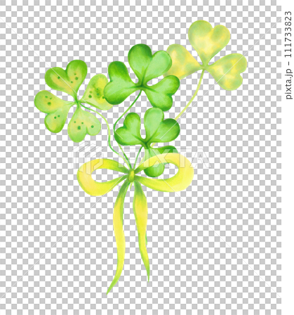 Bouquet of clover leaves with bow.Symbol of St. Patrick's Day.Watercolor and marker illustration.Hand drawn isolated sketch.Clip art composition for cards,stickers or template. 111733823