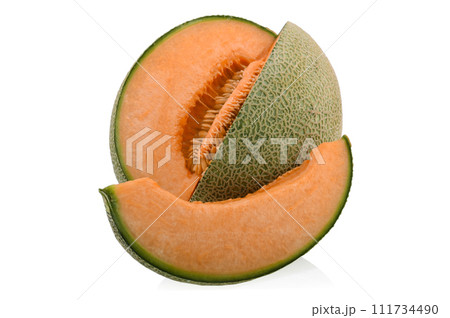 Cantaloupe melon slices isolated on white background. Cantaloupe melon slices isolated on white background. 111734490
