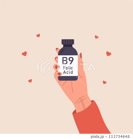 Folic acid. Female hand holding vitamin B9. Risk reducing. Woman taking vitamins for baby health. Supplements for pregnant. Vector illustration in flat cartoon style 111734648