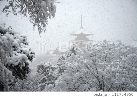 雪の清水寺　子安塔から三重塔を望む　京都市東山区 111734950