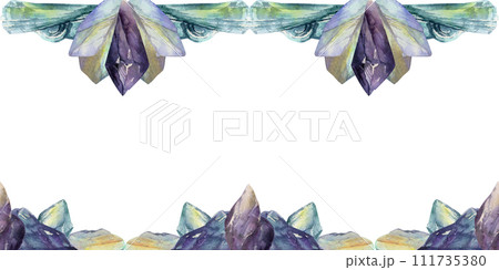 Hand drawn watercolor illustration precious jewel gem crystal chakra birth stone. Amethyst aquamarine moonstone. Seamless border isolated on white background. Design print, shop, jewelry, fashion Hand drawn watercolor illustration precious jewel gem crystal chakra birth stone. Amethyst aquamarine moonstone. Seamless border isolated on white background. Design print, shop, jewelry, fashion 111735380