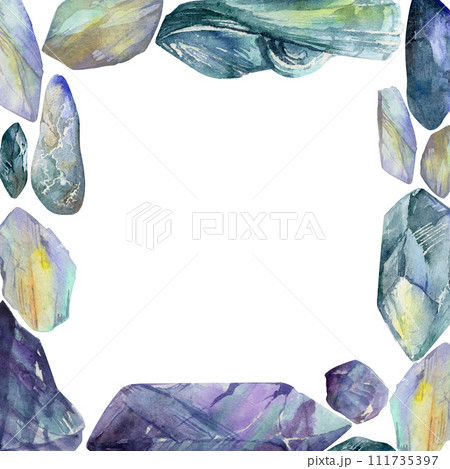 Hand drawn watercolor illustration precious jewel gem crystal chakra birth stone. Amethyst aquamarine moonstone lapis. Square frame isolated on white background. Design print, shop, jewelry, fashion 111735397