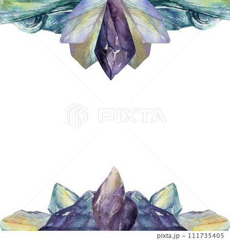 Hand drawn watercolor illustration precious jewel gem crystal chakra birth stone. Amethyst aquamarine moonstone lapis. Square frame isolated on white background. Design print, shop, jewelry, fashion 111735405