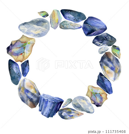Hand drawn watercolor illustration precious semiprecious jewel gem crystal chakra birth stone. Sapphire lapis larimar. Wreath frame isolated on white background. Design print, shop, jewelry, fashion 111735408