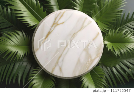 Empty round podium cosmetic product. Fresh tropical leaves around. Abstract geometrical one form. Cylinder marble white sphere, soft shadow. White background. Trendy showcase, display case. 111735547