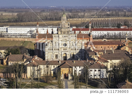 Awesome panorama view of Certosa of Pavia monastery and sanctuary Awesome panorama view of Certosa of Pavia monastery and sanctuary 111736003