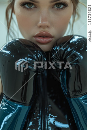 Portrait of a stylish girl in boxing gloves and latex suit on a white background 111736821