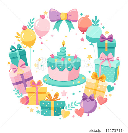 pastel colors frame with free place for text made from lot of birthday little cakes, candles, champagne 111737114