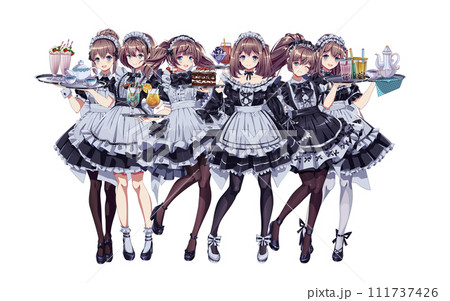 Pretty girls in maid cafe costumes color vector characters 111737426