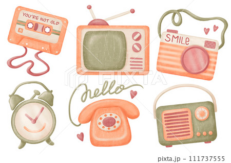 90's retro objects illustration set. Audio cassette, tube TV, Photo, Phone, radio, clock 90's retro objects illustration set. Audio cassette, tube TV, Photo, Phone, radio, clock 111737555