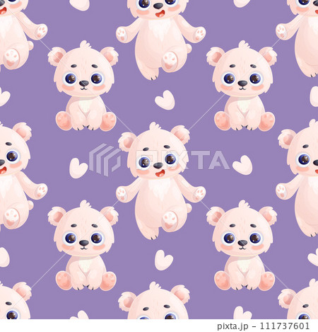 Seamless pattern with cute polar bear animal on purple background with hearts. Vector illustration in cartoon style. Kids collection. Seamless pattern with cute polar bear animal on purple background with hearts. Vector illustration in cartoon style. Kids collection. 111737601