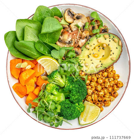 healthy vegan lunch bowl with avocado, mushrooms, broccoli, spinach, chickpeas, pumpkin isolated on white background 111737669