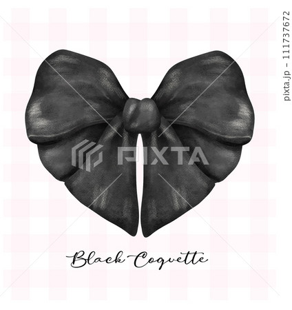 Black coquette ribbon bow hart shape, aesthetic watercolor hand drawing 111737672